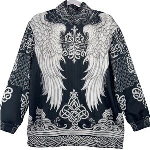 Angel Wings Celtic Knot Graphic Mock Neck Long Sleeve Top Black White Size L